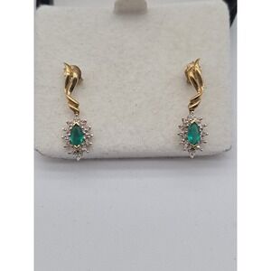 10k Gold Emerald Earing Sapphires Or CZ White‎ Stone Vintage Jewelry